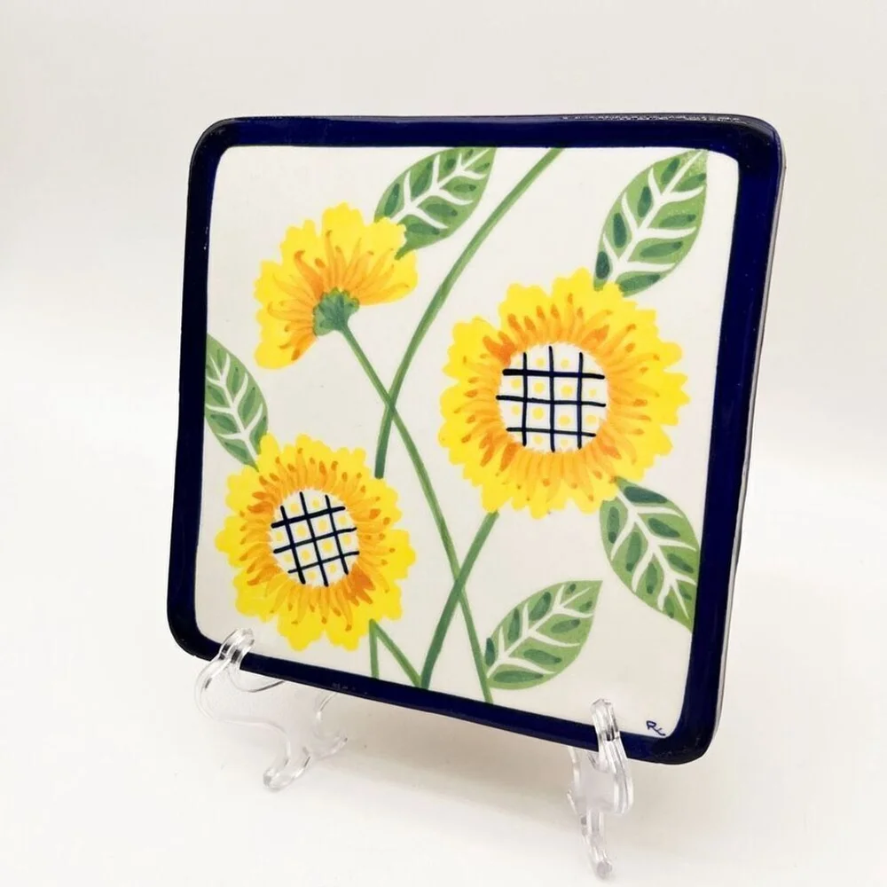 Mexican Pottery Handmade Tile Trivet Handpainted Sunflowers Square 7” Mexico‎